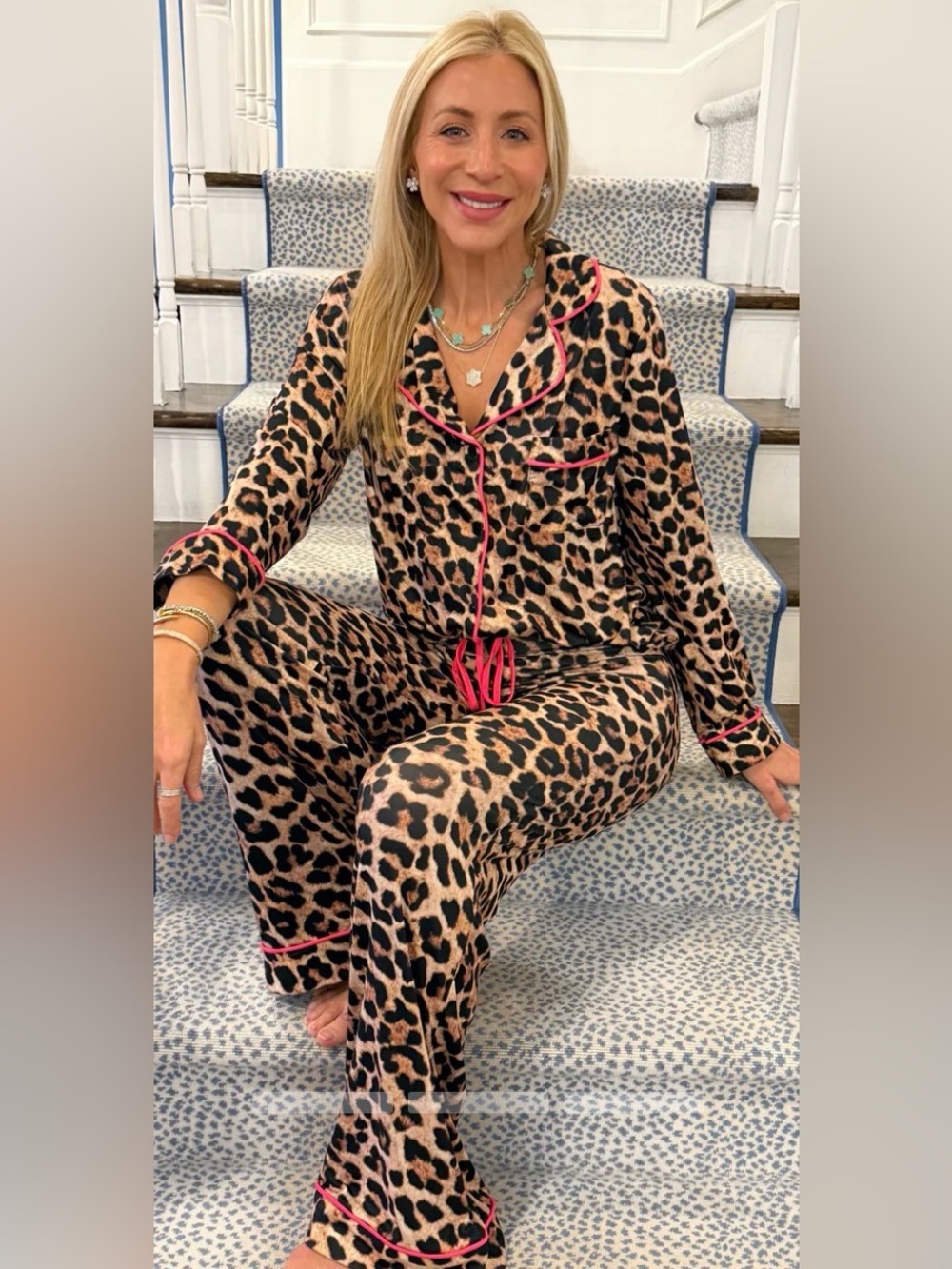 Leopard Print Pajama Set with Pink Trim